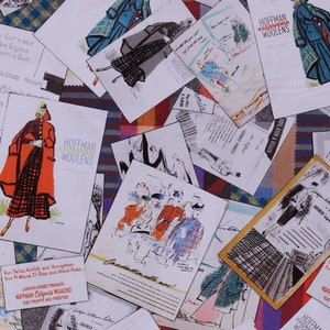 May include: A collage of vintage advertisements for Hoffman California Woolen's featuring women's clothing and the text "Coordination sells more!" and "California Willones Colors for Spring 1946".