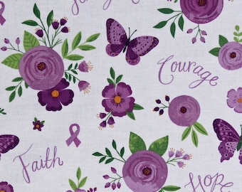 Cotton Strength in Lavender Pancreatic Cancer Awareness Purple Ribbons Flowers Butterflies White Cotton Fabric Print by the Yard D764.80