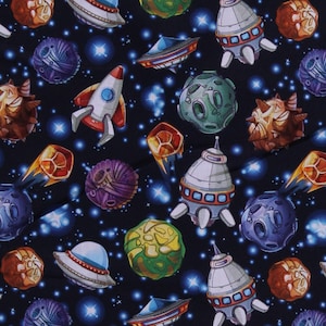 Cotton Outer Space Rockets Planets Sky Solar Systems Blue Cotton Fabric Print by the Yard (114804) D775.91