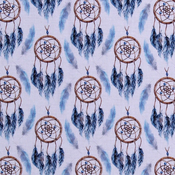 Cotton Feathered Dreamcatchers on White Dream Catchers Feathers Southwestern Cotton Fabric Print by the Yard (115867) D677.86