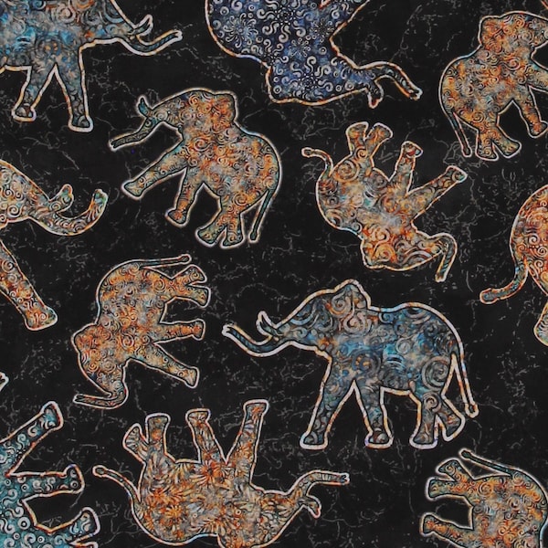 Cotton Bohemian Elephants Animals African Designs Patterns Black Cotton Fabric Print by the Yard (2600-28426-J) D378.39