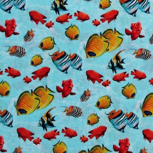 Cotton Fish Fishes Ocean Animals Nautical Reef Life Blue Cotton Fabric Print by the Yard (5748-11) D683.88