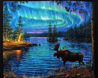 35" X 44" Panel Moose Northern Lights Northwoods Landscape Campfire Aurora Borealis Camping Lake Nature Scenic Cotton Fabric Panel D762.46