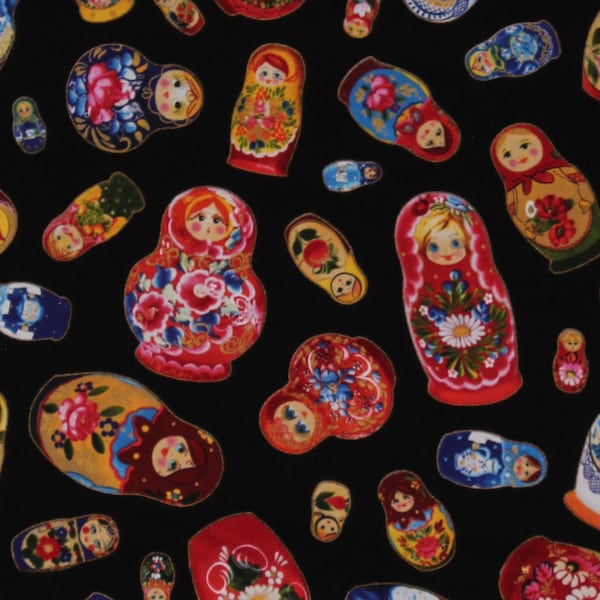 Cotton Matryoshka Dolls Russian Nesting Dolls Wooden Toys Kids Black Cotton Fabric Print by the Yard (M645BLACK) D477.61