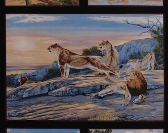 23.5" X 44" Panel African Animals Wildlife Lions Elephants Cheetahs Giraffes Nature Safari Cotton Fabric Panel (5014BLACK) D509.21