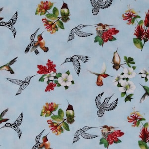Cotton Hummingbirds Birds Animals Flowers Floral Nature Hummingbird Vision Blue Cotton Fabric Print by the Yard (29000BLUE) D477.59