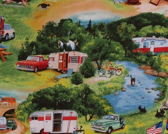 Cotton Vintage Trailers Campers Camping Outdoors RV's Campsites Multicolor Cotton Fabric Print by the Yard (3503GREEN) D675.40