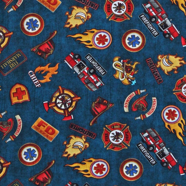 Cotton Fire Department Firefighters Chief Fire Marshall Firetruck Equipment 5 Alarm Heroes Blue Cotton Fabric Print by the Yard (D563.59)