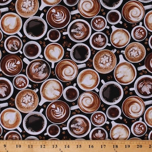 Cotton Coffee Hot Drinks Beverages Mugs Cups Lattes Mocha Espresso Beans Cotton Fabric Print by the Yard (COFFEE-C7257) D756.03