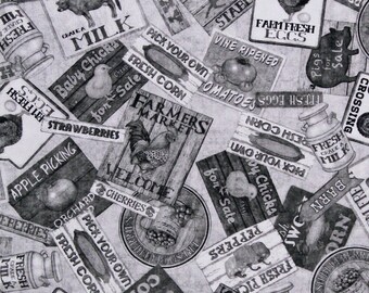 Cotton Farm Produce Eggs Animals Flyers Signs Words Chickens Cows Sheep Greener Pastures Gray Fabric Print by Yard (1649-28086-K) D370.70