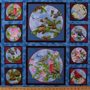 23.75&quot; X 44&quot; Panel Birds Songbirds Flowers Cardinals Nuthatch Chickadee Songs of Nature Spring Cotton Fabric Panel (1649-26365-B) D784.59