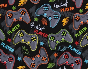 Cotton Gaming Controllers Videogames Player Gadgets Technology Gamer Kids Black Cotton Fabric Print (112606)