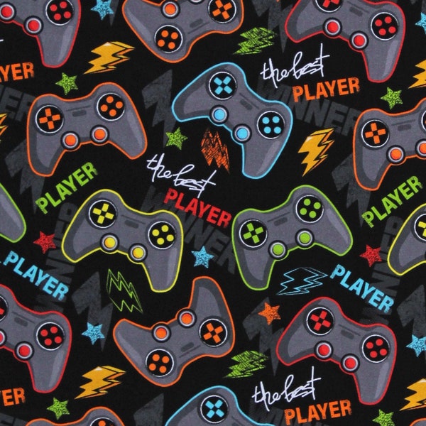 Cotton Gaming Controllers Videogames Player Gadgets Technology Kids Black Cotton Fabric Print by the Yard (112606) D302.45