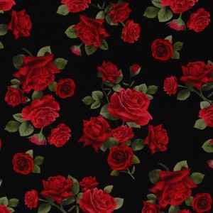 Cotton Red Roses Flowers Floral Valentine's Day Tossed Medium Roses Black Cotton Fabric Print by the Yard (ROSE-CD2204-BLACK) D373.50