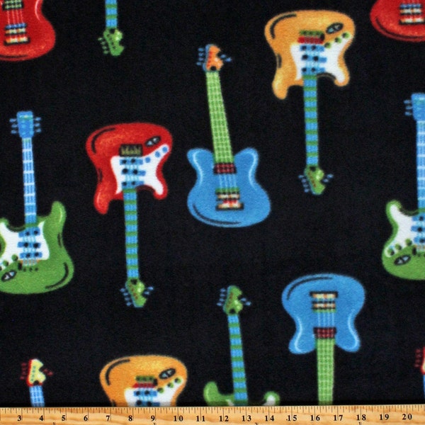 Fleece Guitars Electric Guitars Musical Instrument Band Black Fleece Fabric Print by the Yard (1019) A335.06