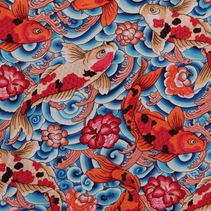 Cotton Koi Fish Colorful Koi Pond Asian Carps Culture Silk Road Leaping Carp Blue Cotton Fabric Print by the Yard (PWSL086.BLUE) D781.35