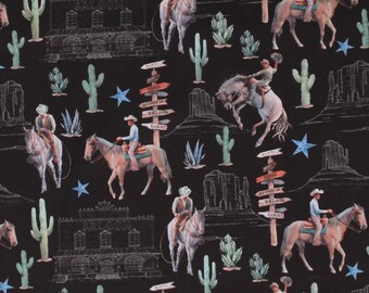 Cotton Horses Western Ranch Signs Cactus Desert Cowboy Black Cotton Fabric Print by the Yard (52451D-1) D462.64 by Windham Fabrics