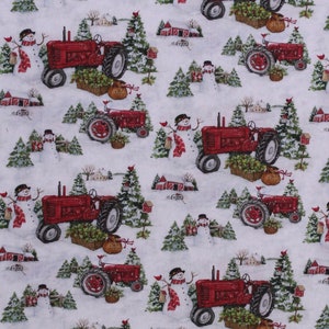Cotton Christmas Farm Tractors Snowman Yuletide Snow Winter Scene Cotton Fabric Print by the Yard (74494-G550715) D405.51 Springs Creative
