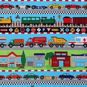 Cotton All Around Town Border Stripe Cars Vehicles Traffic Signs Buildings City Cotton Fabric Print by the Yard D656.08 Northcott Fabrics