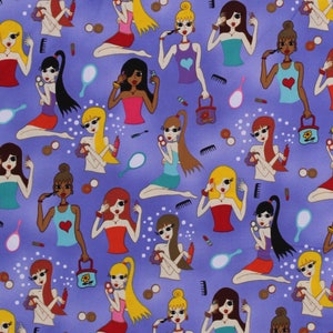 Cotton Girls Hair Makeup Mascara Hair Stylist Cosmetology Fashion Beauty Purple Cotton Fabric Print by the Yard (8188K-2D) D515.24