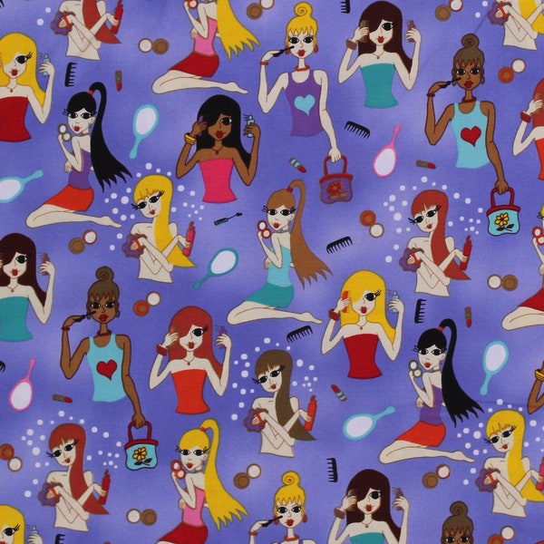 Cotton Girls Hair Makeup Mascara Hair Stylist Cosmetology Fashion Beauty Purple Cotton Fabric Print by the Yard (8188K-2D) D515.24