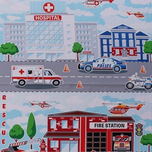 35&quot; X 44&quot; Panel Save the Day Hospital Police Department Fire Station Firetrucks Police Cars Ambulances Cotton Fabric Panel Benartex