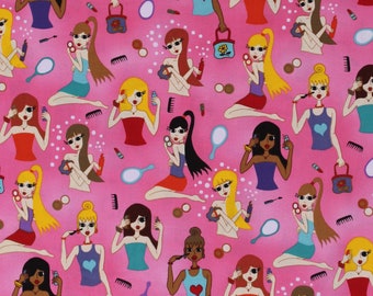 Cotton Girls Hair Makeup Mascara Hair Stylist Cosmetology Fashion Beauty Pink Cotton Fabric Print by the Yard (8188L-3D-Pink) D515.22