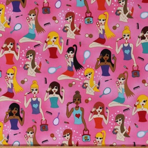 Cotton Girls Hair Makeup Mascara Hair Stylist Cosmetology Fashion Beauty Pink Cotton Fabric Print by the Yard (8188L-3D-Pink) D515.22