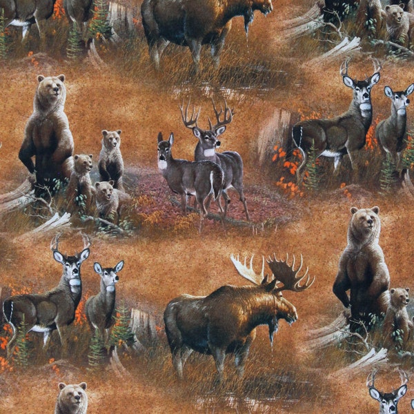 Cotton Woodland Animals Deer Bears Moose Scenic Wildlife Wild Wings Northern Rim Brown Cotton Fabric Print by Yard (23030-A620715) D770.97