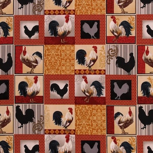 May include: A red, white, and black fabric with a repeating pattern of roosters. The roosters are in various poses, some with their tails spread out and some with their wings raised. The fabric has a vintage feel and would be perfect for a farmhouse or country-themed project.