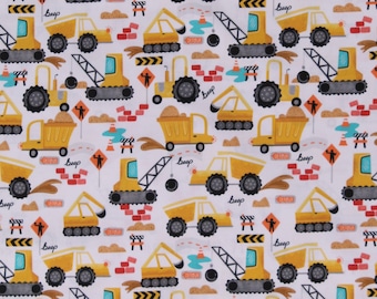 Cotton Construction Trucks Transportation Dirt Excavators Cranes Equipment White Cotton Fabric Print by the Yard (12021921) D788.73