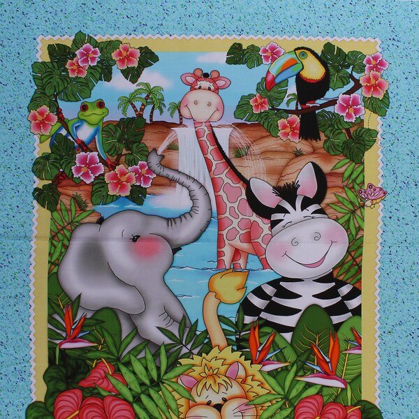 36" X 44" Panel Bazoople Waterfall Scenic Jungle Animals Flowers Floral Cotton Fabric Panel (70707-A620715) D573.47