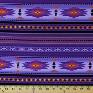 May include: Purple fabric with a repeating pattern of geometric shapes in shades of purple, orange, and yellow. The fabric has a southwestern design.