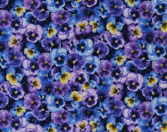 Cotton Pansies Pansy Flowers Floral Purple Blue Yellow Blossoms Cotton Fabric Print by the Yard (PANSY-C7722-PURPLE) D587.58