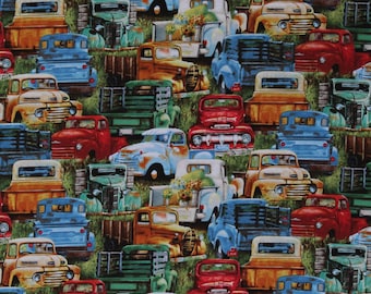 Cotton vintage Trucks Old Vehicles Rustic Multi-Color on Green Cotton Fabric Print per yard (21002GREEN) D767.48