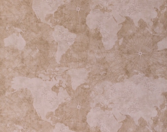 Cotton World Maps Vintage-Look Nautical Map Countries Continents Compass Atlas Travel Cream Cotton Fabric Print by the Yard (D786.89)