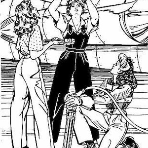 以下が含まれることがあります： 飛行機を修理している3人の女性の白黒イラスト。一人の女性は工具を持って立っており、もう一人はひざまずき、3人目は横に立っています。この画像はヴィンテージスタイルの絵です。