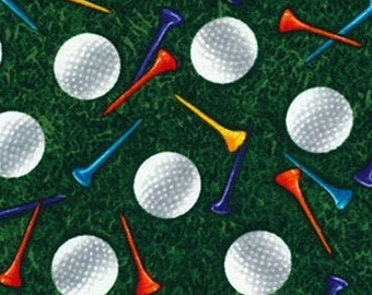 Cotton Golf Balls Tees on Green Grass Cotton Fabric Print by the yard (sport-c8030-green) D668.29