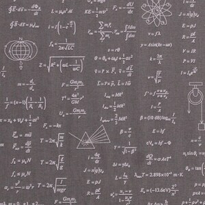 May include: A dark gray fabric with white scientific formulas, equations, and diagrams printed on it. The fabric features a variety of scientific symbols, including atoms, light bulbs, magnets, and gears. The fabric is perfect for crafting projects, such as quilting, sewing, and scrapbooking.