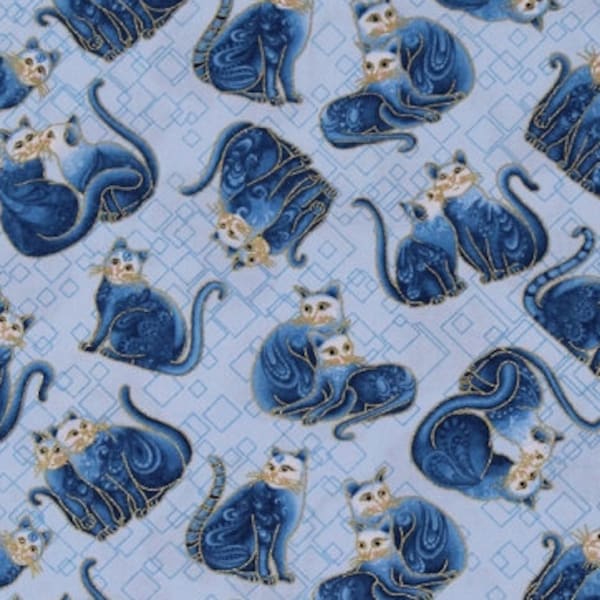 Cotton Blue Cats Couples Sweethearts Animals Blue Gold Metallic Shimmer Cat-i-tude PurrFect Together Cotton Fabric Print by the Yard D774.72
