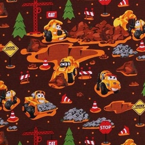 Cotton Cat Machines Construction Vehicles Bulldozers Cement Mixers Caterpillar Kids Brown Cotton Fabric Print by the Yard D76526 Riley Blake