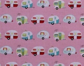 Cotton Camping Campers Trailers Summer Vacation Travel Vehicles Glamping Retro Glamper-licious Pink Cotton Fabric Print by the Yard D375.29