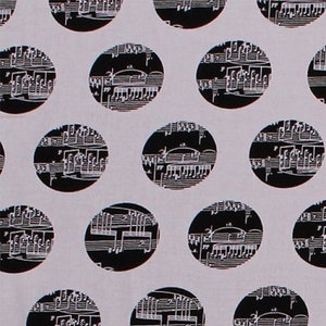 Cotton The Music in Me Sheet Music Circles Musical Notes Musicians Piano Black and White Cotton Fabric Print by the Yard (08447-09) D506.38