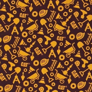 Cotton Cat Caterpillar Construction Logos Tools Equipment Shovels Cones Yellow on Brown Cotton Fabric Print by the Yard D765.24 Riley Blake