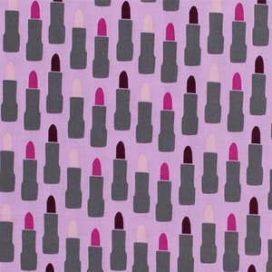 Cotton Lipsticks Lipstick Tubes Makeup Fashionista Cosmetics Kiss Me Kate Purple Gray Cotton Fabric Print by the Yard (C7521-PURPLE) D365.21