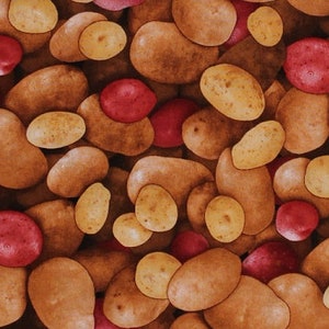 May include: A seamless fabric pattern featuring a close-up of a pile of brown and yellow potatoes. The potatoes are arranged in a random pattern and some are slightly overlapping.