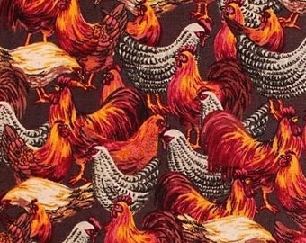 Cotton Chickens Roosters Hens Allover Brown Cotton Fabric Print by the Yard (75206-a) D787.41