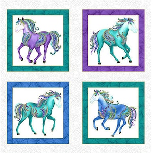 24&quot; X 44&quot; Panel Colorful Horses Equestrian Ponies Pony Whimsical White Cotton Fabric Panel (6850m-09) D689.66 by Benartex Fabrics