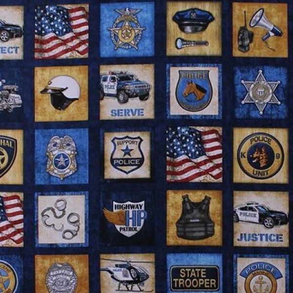 23.5" X 44" Panel Police Badges Cars Motorcycles Cops Police Officers SWAT Law Enforcement Protect & Serve Blue Cotton Fabric D694.36