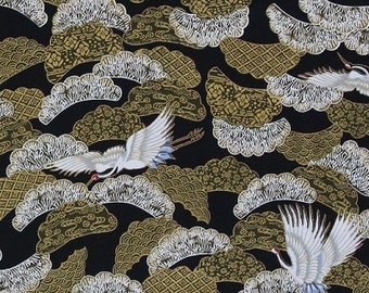 Cotton Akahana Japanese Red Crowned Crane Cranes Birds Bird Clouds Gold Black White Cotton Fabric Print by the Yard (25823) D764.38